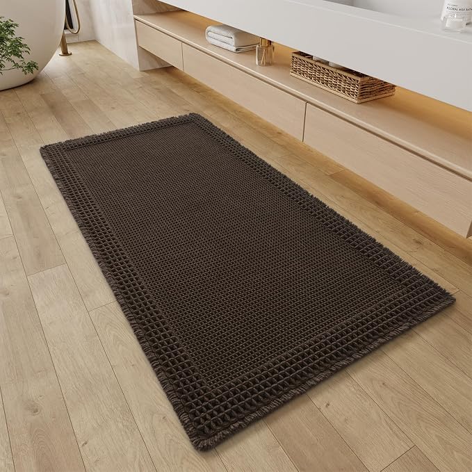 RESARE Waffle Bathroom Runner Rugs, Super Absorbent Bath Mat Non Slip Washable Quick Dry, Upgraded Ultra Soft Boho Bath Rugs with Tassels, Farmhouse Home Decor Accessories, 2'x4'(24"x48") Chocolate