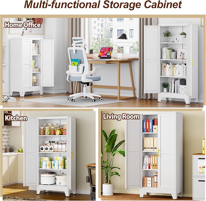 61" White Metal Garage Storage Cabinet with 2 Doors and 3 Adjustable Shelves,Kitchen Pantry Cabinet,File Cabinet,Steel Tool Cabinet for Home,Office,Garage,School,Warehouse