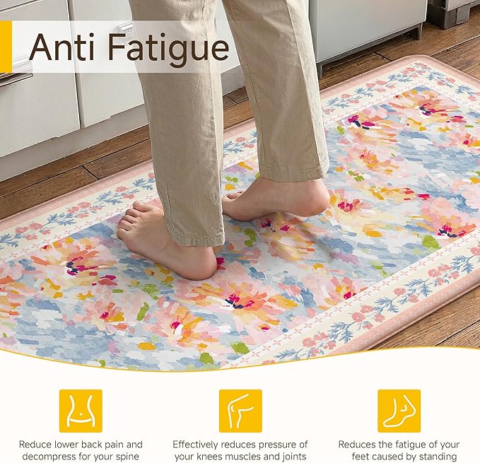 Anti Fatigue Kitchen Mats 2PCS Thick Non Slip Cushioned Rugs Pink Abstract Floral Waterproof Comfort Standing Mats for Floor Sink Laundry Office 17.3"×47"+17.3"×30"