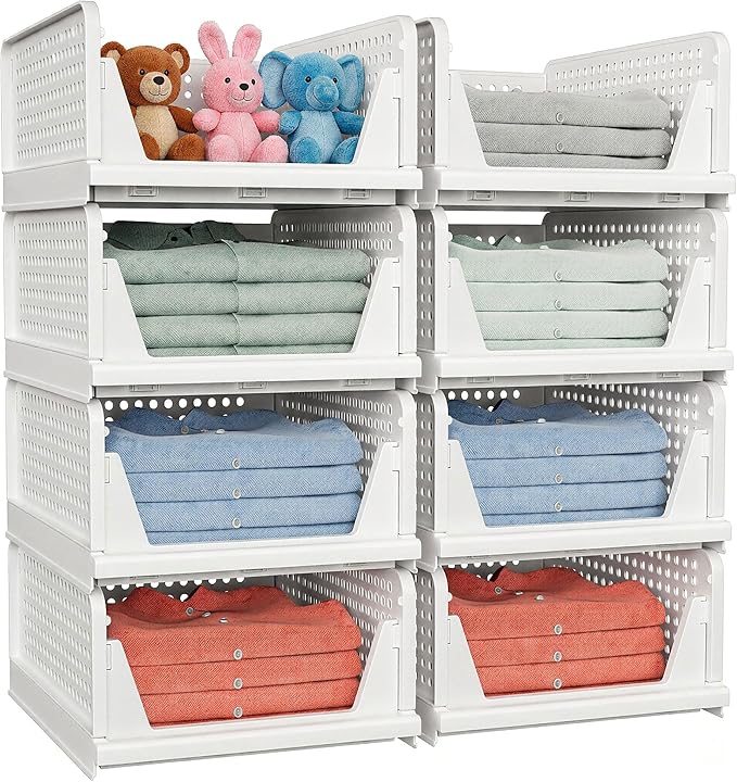 caktraie 4 Pack Stackable Closet Storage Basket - Stackable Storage Bins, Multifunctional & Foldable Closet Organizer Divided, Wardrobe Cupboard Space-Saving Clothes Storage Hat Organizer, White