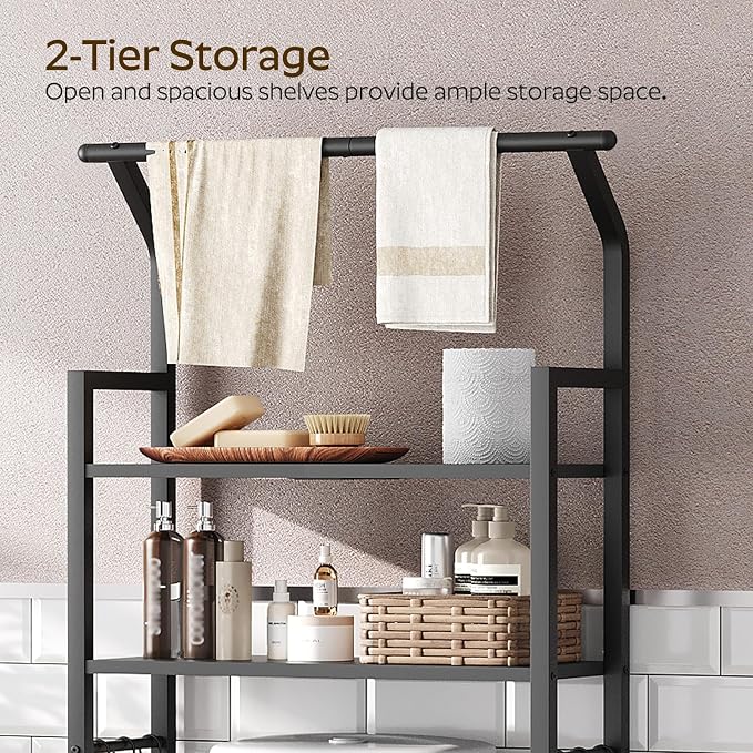 YATINEY 2-Tier Over The Toilet Storage, Multifunctional Vertical Over Toilet Bathroom Organizer, Freestanding Bathroom Storage Shelves with Hooks, Bathroom Organizer, Rustic Brown and Black TR01BB