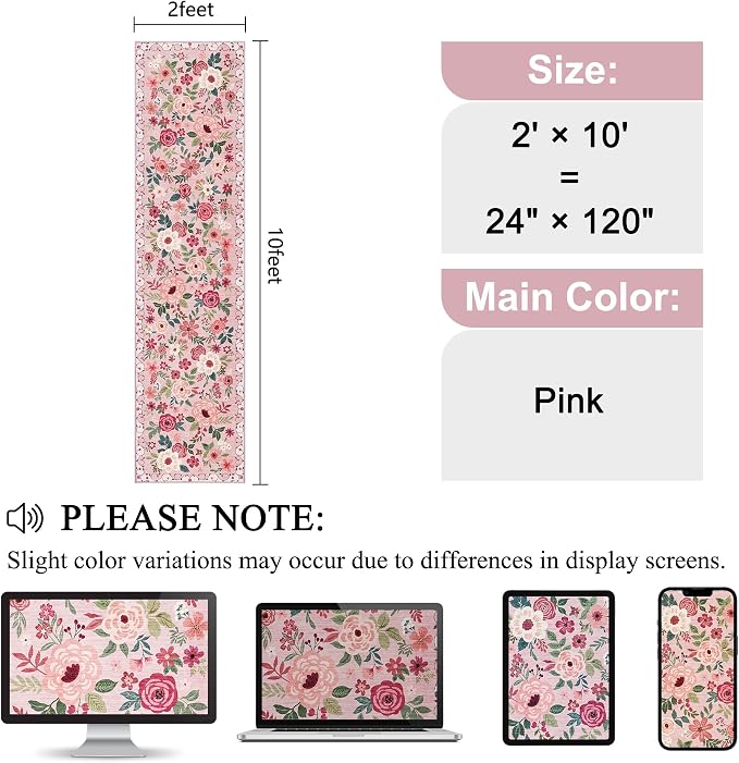 DUKINO 2x10 Kitchen Runner Rug for Hallway, Washable Runner Rug with Non Slip Backing, Low Pile Soft Boho Floral Carpet for Kitchen, Hallway, Entryway, Laundry, Bedroom, Pink