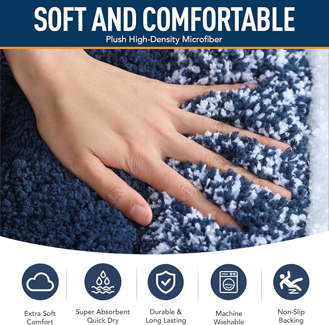 XIYUNTE Thick Bathroom Rug Set of 2 Piece, 32"x20"+24"x16" Extra Soft Microfiber Blue and White Bath Rugs, Quick Dry Super Absorbent Rubber Backing Non Slip Washable Bath Mats for Floor Tub Shower