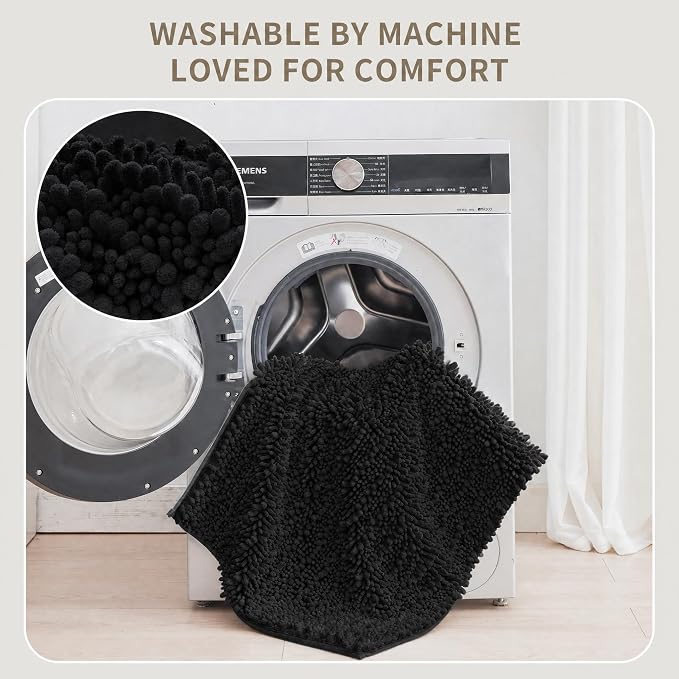 Bathroom Rugs Non Slip Washable 32x20, Extra Thick Soft Chenille Absorbent Bath Mat, High Density Barrier Non Slip Backing, Quick Dry Plush Shaggy Floor Carpet for Tub&Shower, Black