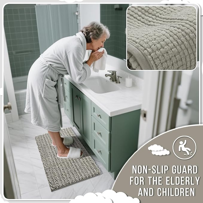 Yimobra Bathroom Rugs Non Slip Washable - Ultra Soft Absorbent Chenille Bath Mat, Quick Dry Shaggy Floor Carpet for Tub Shower, Sand Home Decor Accessories, 24x17 Inch