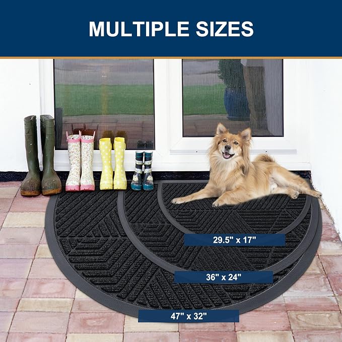 Smiry Half Circle Front Door Mat Outside Entrance, Heavy Duty Sturdy Natural Rubber Doormat, Trap Dirt and Moisture, Low Profile Mats for Indoor Outdoor Entry, Irregular Triangle (35x23, Black)