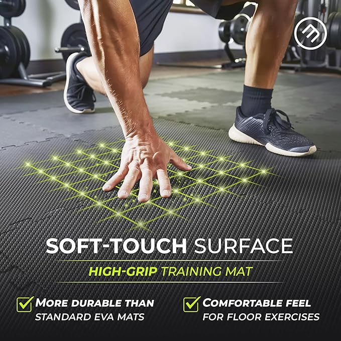 bemaxx Gym Mats Set - 18 pcs EVA Interlocking Foam Floor Tiles (12.6"x12.6"x0.4") 18sqft Protective Gym Flooring Sports Home Workout Exercise Mats Puzzle Garage Fitness Play-Room Pool Treadmill Bike