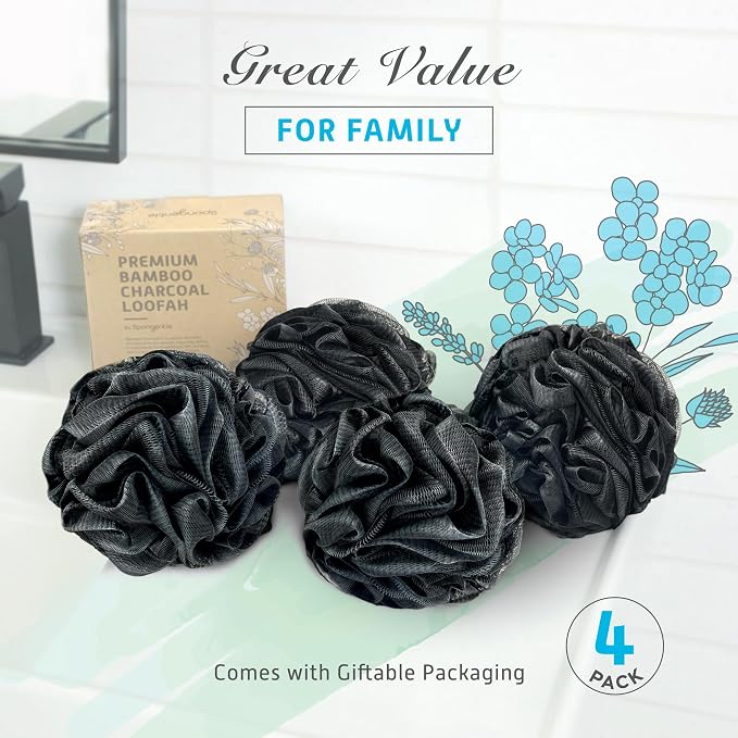 Spongentle Shower Loofah Bath Sponge, Body Scrubber with Soft Mesh, Exfoliating Bath Pouf with Activated Charcoal, Bath Sponge for Women & Men, Bath Accessories for Scrubber Cleaning Tool, 60g 4 Pack