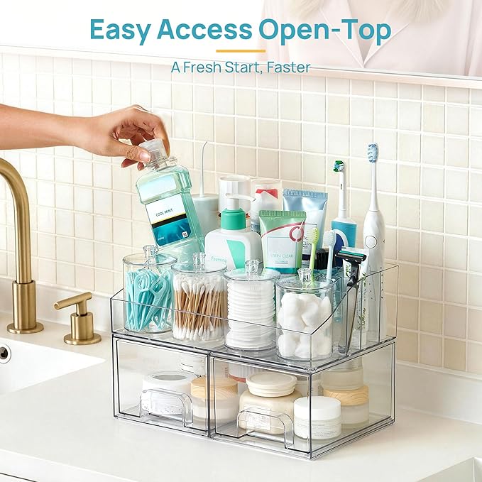 Vtopmart 7 PCS Bathroom Countertop Organizer, 1 Divided Tray with 4 Qtip Holder Jars and 2 Drawers, Restroom Clear Organizers for Toothbrush, Cotton Pads, Vanity Accessories Storage Set