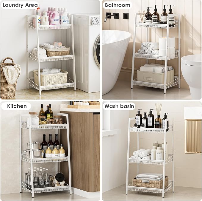 Masupu 3 Tier Bathroom Shelf, Bathroom Organizer and Storage for Small Space, Free-Standing Metal Rack Shelves Waterproof for Kitchen, Bathroom, Laundry, Toilet, White