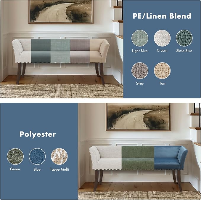 Madison Park Accent Bench, Upholstered with Nailhead Trim, & Padded Seat Entryway Bench Small, End of Bed Bench with Back, 49.5" W x 19.25" D x 23" H, Blue