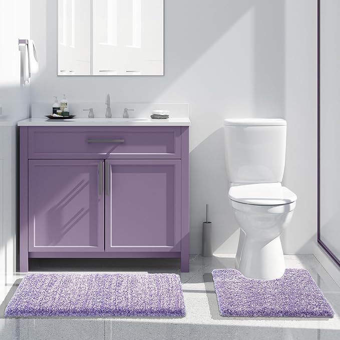 Yimobra Bath Rugs for Bathroom 32X20, Ultra Soft and Water Absorbent Bath Mats, Non Slip Plush Shower Mat Outside, Microfiber Thick Matts for Bathroom Floor/Tub, Machine Washable, Purple and White