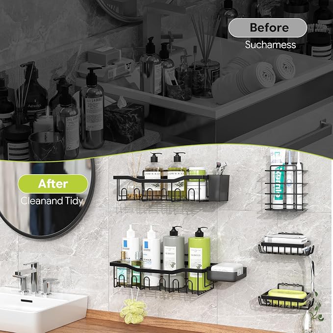 Simple Trending Adhesive Shower Caddy, 5-Pack Large Capacity Shower Shelves with Soap Dish Toothbrush Holder & Hooks, No Drilling Bathroom Organizer and Storage for Home Decor, Black