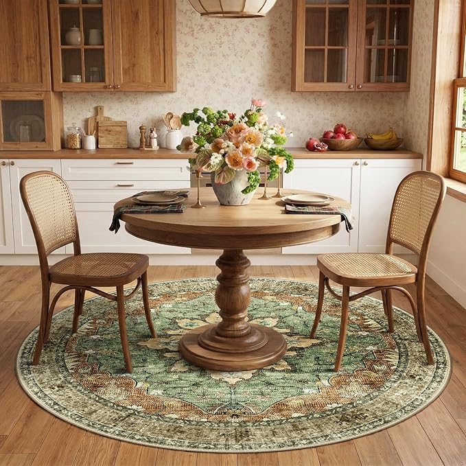 RELEANY Area Rugs Round 6ft Washable Non-Slip, Floral Vintage Distress Medallion Carpet for Living Room Bedroom Dining Room, Terracotta Burnt Orange Green