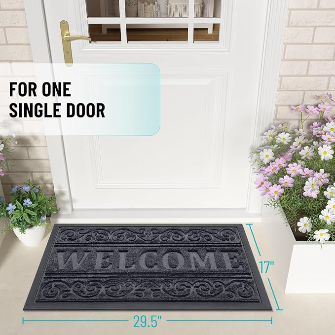 OLANLY Welcome Door Mat Indoor Outdoor Entrance, Heavy Duty Sturdy Front Door Mat, Waterproof All-Weather Doormat, Stain Resistant, Low Profile, Easy Clean Patio Entryway Mat, 47 x 24, Medium Grey
