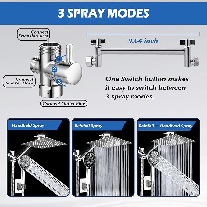 Shower Head,8”Rain Shower Head with Handheld Spray Combo with 11'' Angle Adjustable Extension Arm/Flow Regulator/Shower System,High Pressure Rainfall Shower Head Bathroom,Chrome