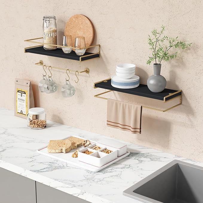 Forbena Black and Gold Bathroom Floating Shelves for Wall, Decorative Wall Mounted Shelves for Kitchen Coffee Bar Station Organizers and Storage, Hanging Shelving Unit for Bedroom Living Room (2-Pack)