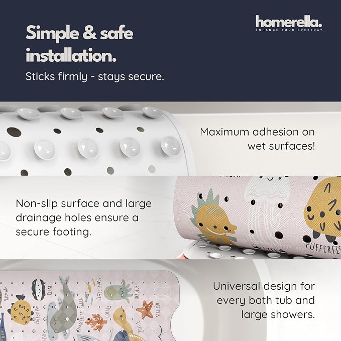 Bath Tub Mat Non Slip Anti Mold for Kids BPA Free INCL Hooks - homerella® Ocean Sea Animals 40x16, Baby Bath Mat Non Slip 200 Suction Cups, Non Toxic Machine Washable Toddler Bath Mat, EU Certified