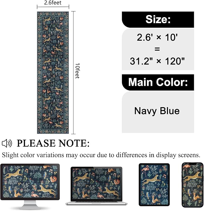 DUKINO Washable 2.6x10 Runner Rug, Non Slip Animal Print Runner Rug for Hallway, Vintage Low Pile & Stain Resistant Soft Indoor Carpet Runner for Kitchen, Bathroom, Laundry, Bedroom, Navy Blue