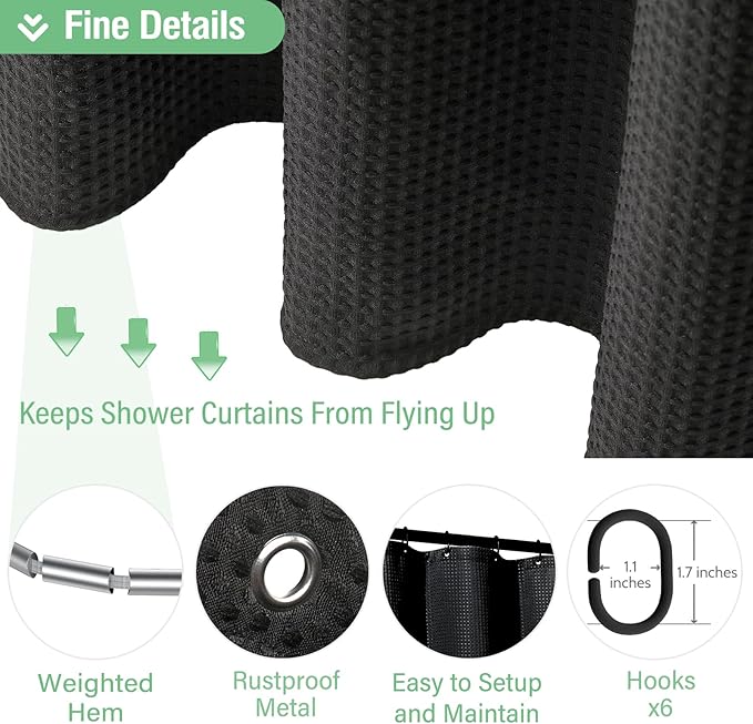 Dynamene Stall Black Fabric Shower Curtain - Waffle Textured Small Heavy Duty Cloth Shower Curtains for Bathroom, 256GSM Narrow Hotel Spa Luxury Bath Curtain Set with 6 Plastic Hooks(36Wx72H, Black)