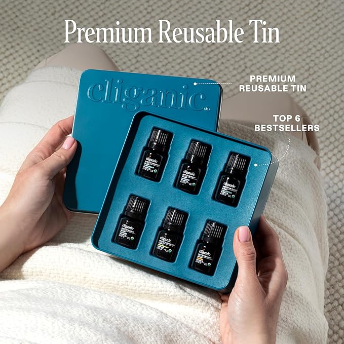 Cliganic Organic Aromatherapy Essential Oils Set (Top 6 - The Essentials), 100% Pure Natural - Peppermint, Lavender, Eucalyptus, Tea Tree, Lemongrass & Orange (Packaging May Vary)