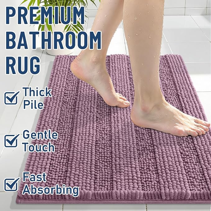 Grandaily Chenille Striped Bathroom Rugs 44x24, Extra Thick and Soft Absorbent Bath Mats, Rubber Backing, Plush Shaggy Shower Carpet, Machine Wash Dry, Bath Rug for Bathroom, Deep Plum