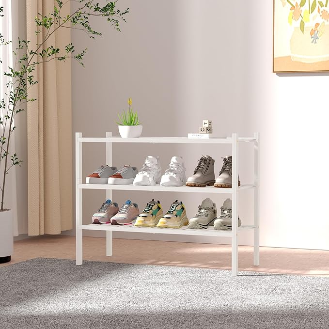 ROMGUAR CRAFT 3 Tier Bamboo Shoe Rack for Closet Free Standing Wood Shoe Shelf Storage Organizer for Entryway Small Space Stackable 27"x11"x20" (White)