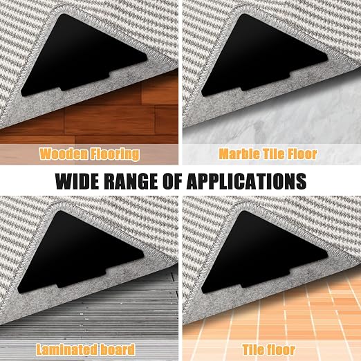 Rug Tape, 10 Pcs Double Sided Non Slip Reusable Rug Stopper, Washable Rug Pad Grippers for Hardwood Floors, Tile Floors, Carpets, Floor Mats, Wall (Black)