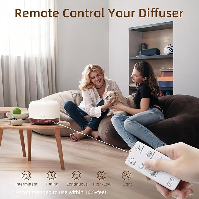 ASAKUKI Essential Oil Diffuser for Home, 500ML Aromatherapy Diffuser Humidifier with Remote Control, 7 Color LED Lights, Quiet Cool Mist Diffuser for Bedroom, Living Room, Office (Reddish-Brown)
