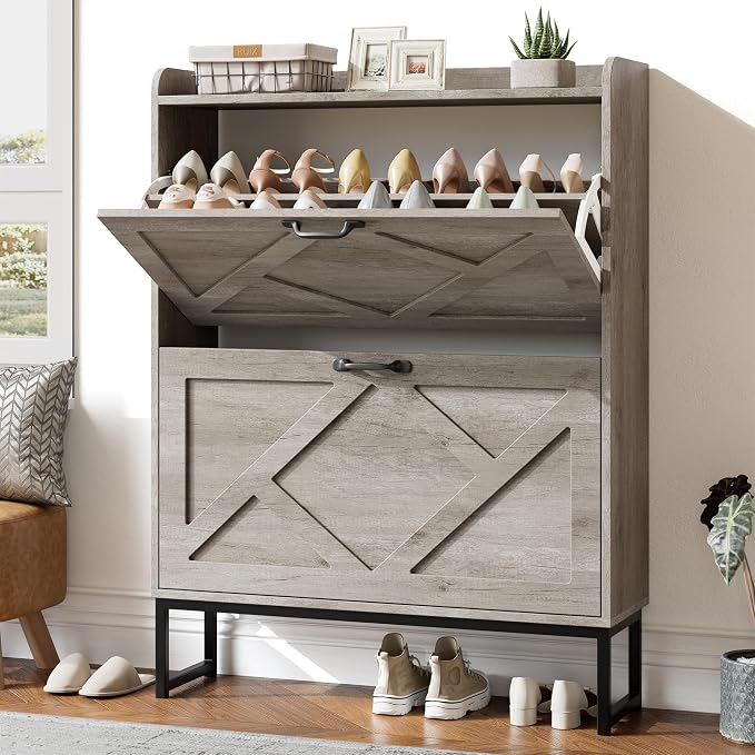 Nicetree Shoe Storage Cabinet with 2 Flip Drawers, Freestanding Shoe Organizer, Shoe Cabinet with Metal Legs, Narrow Shoe Rack Cabinet, Farmhouse Slim Shoe Cabinet for Entryway, Hallway, Rustic Gray