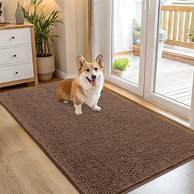 OLANLY Dog Door Mat for Muddy Paws 54x32, Absorbs Moisture and Dirt, Absorbent Non-Slip Washable Doormat, Quick Dry Chenille Mud Mat for Dogs, Entry Indoor Entryway Carpet for Inside Floor, Mocha
