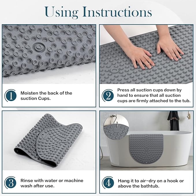 Extra Large Shower Mat 33x17.3 - Non Slip Silicone Bath Mat for Walk in Shower or Garden Tub, Oversized Bubble Pop It Bathroom Floor Mat for Seniors, Heavy Duty Quick Dry, Dark Grey