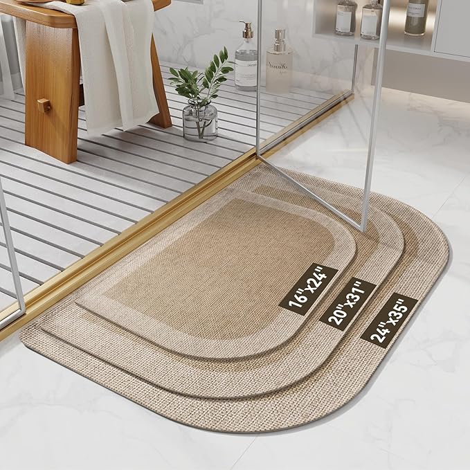 YDKGL Half Circle Bath Mat, Non Slip Bath Mat, Thin Bathroom Rugs Fit Under Door Quick Dry Absorbent Washable Bathroom Mat with Rubber Backing, Brown Beige 16x24