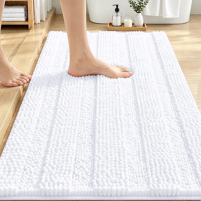 OLANLY Thick Bathroom Rugs 30x20, Extra Soft Absorbent Chenille Striped Bath Rugs, Rubber Backing, Machine Wash Dry, Bath Mats for Bathroom Floor, Tub and Shower, Home Decor Accessories, White