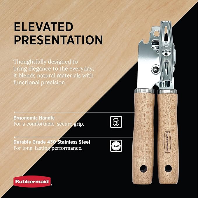 Rubbermaid Heavy Duty Can Opener Manual, Hand-Held Can Opener with Stainless Steel Cutting Wheel - Jar Opener | Solid Beechwood Handles, Kitchen Appliances | Beechwood & Stainless Steel Collection