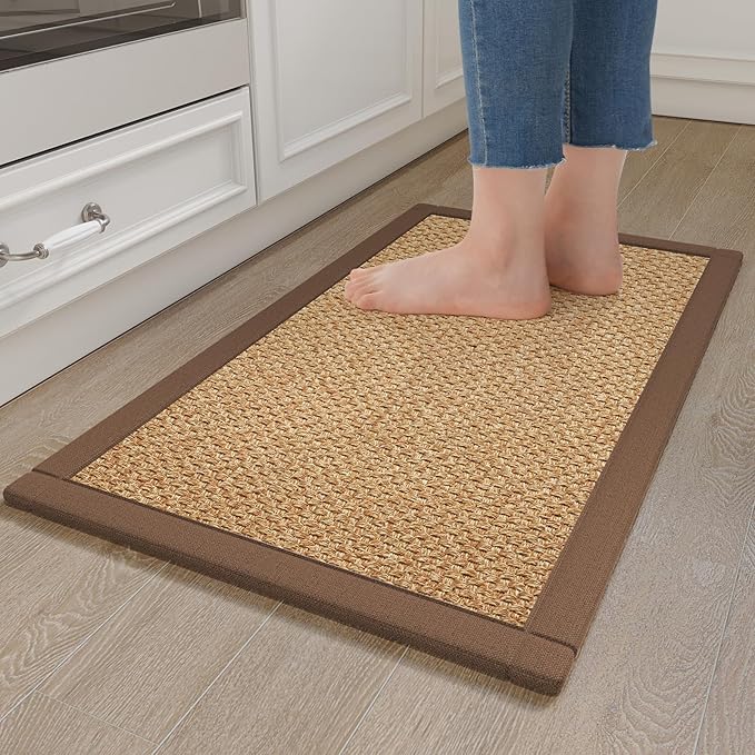 YDKGL Anti Fatigue Kitchen Rugs Mat Non Slip Washable, 0.4" Thick Soft Cushioned Absorbent Kitchen Mats for Floor, Jute-Like Woven Laundry Standing Mats Sink Mat, Easy Clean Care, Brown 17"x30"