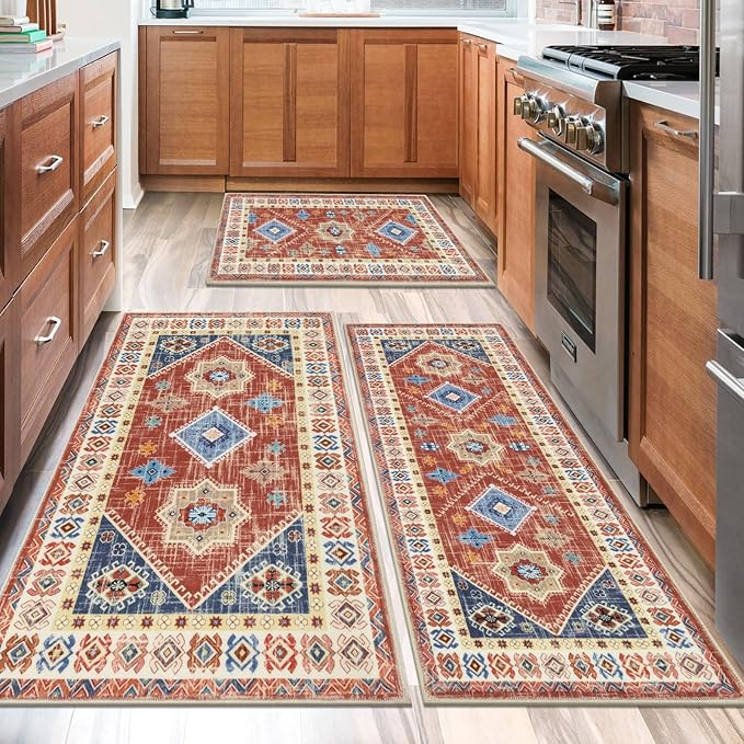 HEBE Boho Kitchen Rug Sets 3 Piece with Runner Non Slip Kitchen Rugs and Mats Washable Kitchen Mats for Floor Thick Kitchen Floor Mat Carpet Runner Rugs for Hallway Laundry Holiday Decor