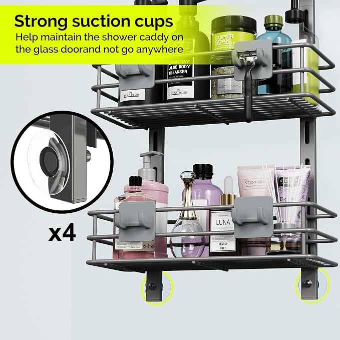 Orimade Over The Door Shower Caddy Adjustable 4 Tier Dark Grey,Bathroom Hanging Organizer Shelf Rustproof with 4 Hooks,Shower Basket with Soap Holder and Suction Cup