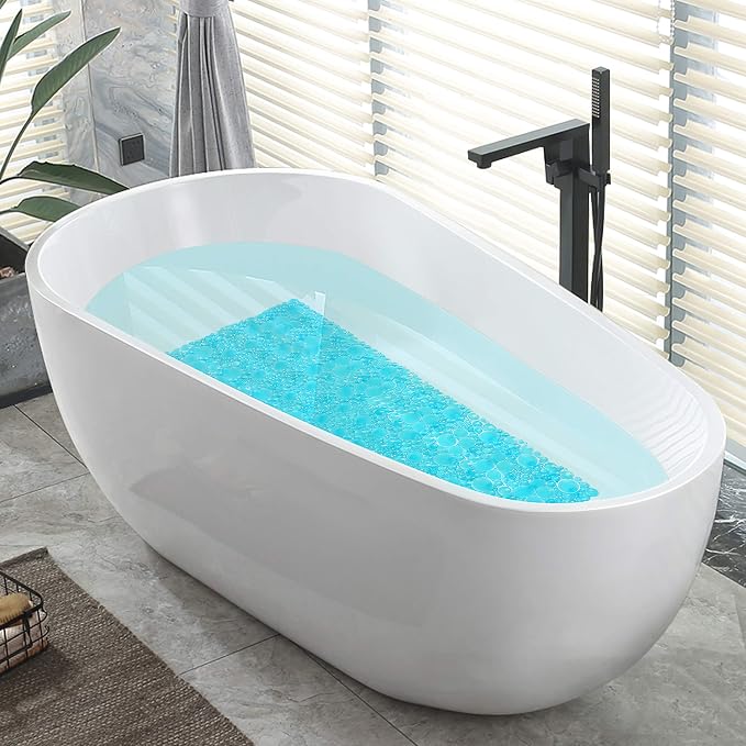 Extra Long Pebble Bath Tub Shower Mat 34.2 x 15.7, Bathmat Non-Slip with Suction Cups, Machine Washable, Bathroom Mats, Smooth/Non-Textured Surface Only (34.2" x 15.7", Transparent Green)