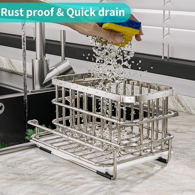 HapiRm Kitchen Sink Organizer, SUS304 Stainless Steel Rustproof Multifunctional Large Sink Caddy with Sponge Holder and Drain Tray for Kitchen Countertop (Silver)