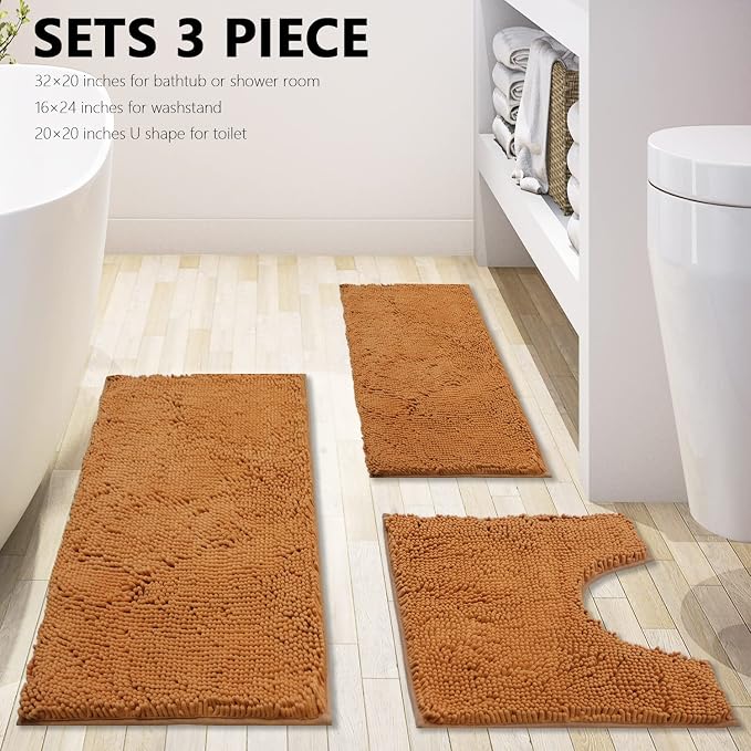 Bathroom Rugs Chenille 3-Piece Extra Soft and Absorbent Shag Bathroom Rugs, Machine Wash Mat, Strong PVC Non-Slip Underside, Plush Carpet Mats (Champagne)