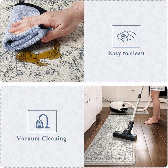 KIMODE Kitchen Anti Fatigue Mat,Ergonomic Standing Kitchen Rugs Sets of 2,Boho Kitchen Rug Stain Resistant,Non Slip Waterproof Kitchen Sink Rug,Blue 20"x47"+20"x32"