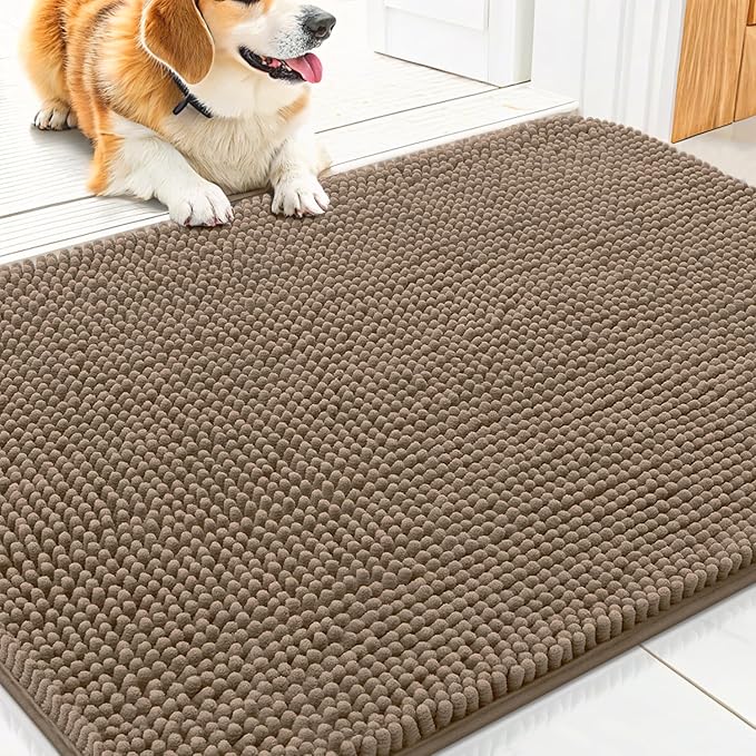 Smiry Dog Door Mat for Muddy Paws 30x20, Absorbent Dirt Trapper, Non-Slip Washable Chenille Entryway Rug for Inside Floor, Camel, Classic Solid