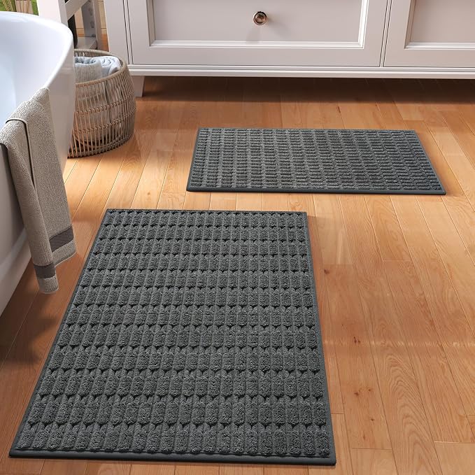 Bathroom Rugs Mat Quick Dry Absorbent Non Slip Bath Mat Bath Mats for Bathtub Mat Bathroom Carpet Fit Under Door Washable Floor Bath Rugs Dark Grey 16x24-2pc