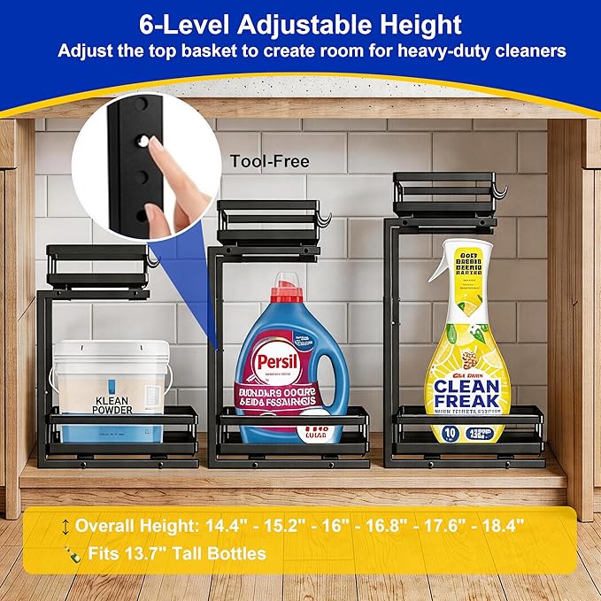 Under Sink Organizer, Dual-Rail Ball-Bearing, Under Kitchen Sink Organizer, 6-Level Adjustable, Under Cabinet Organizer, No-Drill Adhesive/Suction, Under Sink Storage (Black, Double Layer - 2 Pack)