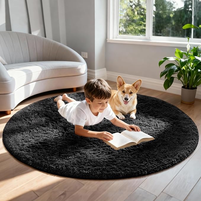 Ophanie Round Rug 5Ft Black Circle Area Rug, Room Decor for Men, Fluffy Fuzzy Bedroom Carpet, Plush Soft Shaggy Living Room Rugs for Kids Home Aesthetic, Nursery