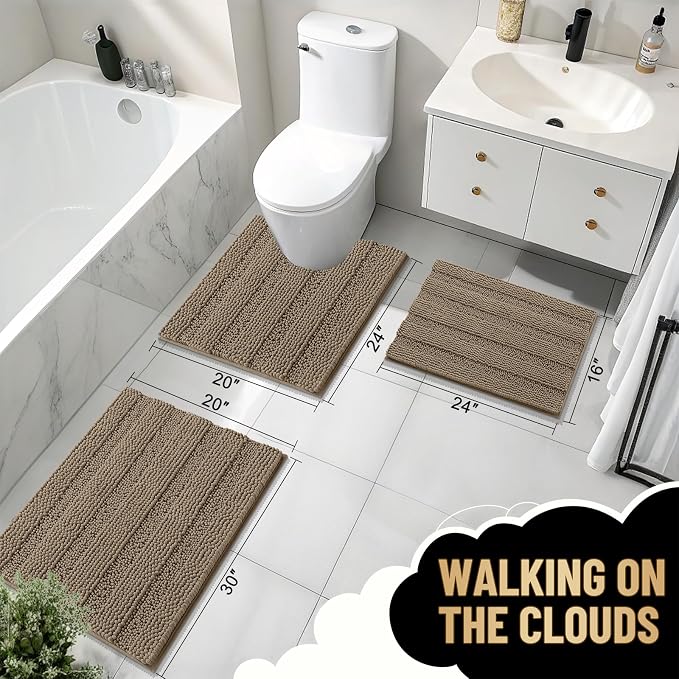 OLANLY Thick Bathroom Runner Rugs 44x24, Extra Absorbent Chenille Striped Bath Rugs, Rubber Backing, Machine Wash Dry, Long Bath Mats for Bathroom Floor, Tub and Shower, Home Decor Accessories, Tan