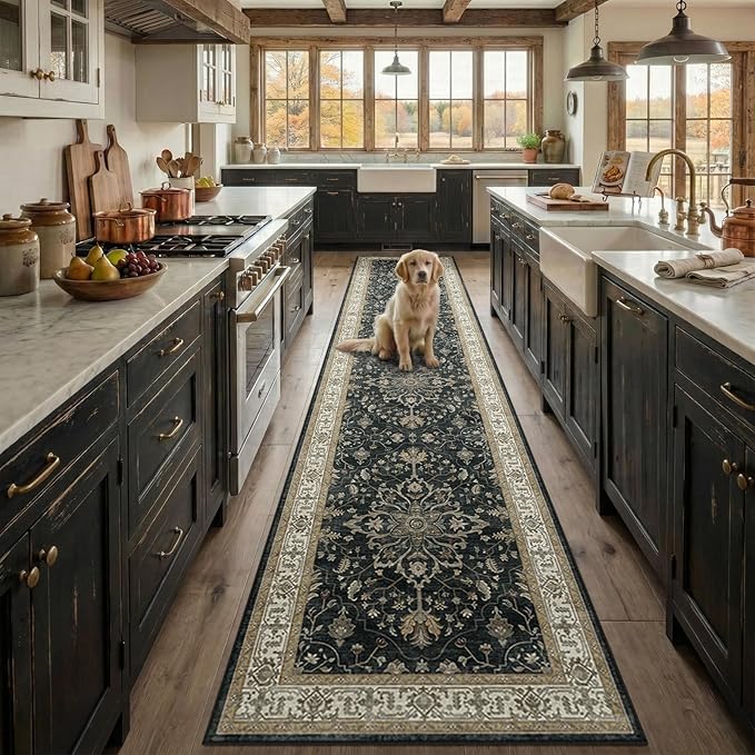 RELEANY Area Rugs Runner 2'x10' Washable Non-Slip, Floral Vintage Distress Medallion Carpet for Kitchen Hallway Bedroom Beside Laundry Room Bathroom, Vintage Black Brown Neutral