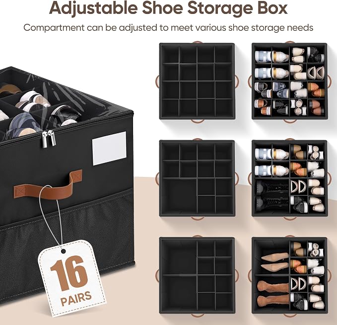 Shoe Organizer for Closet, 2 Pack Shoe Storage Containers with Adjustable Dividers, Space Saving Shoe Box Organizers Bins with Clear Lids & 4 Reinforced Handles, Fits 16-32 Pairs, Pure Black