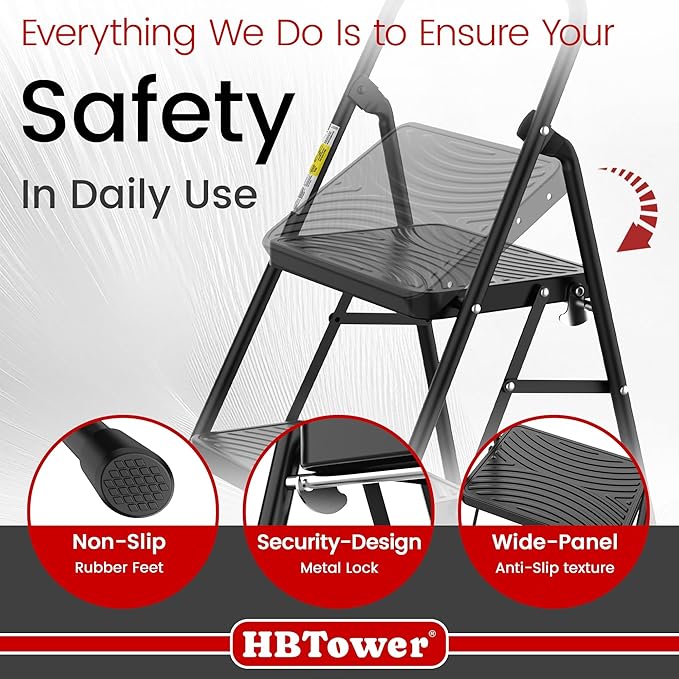 HBtower Step Stool, 2 Step Ladder with Wide Anti-Slip Pedal, Step Ladder Folding Step Stool for Adults, Lightweight Steel Portable ladders for Home Kitchen